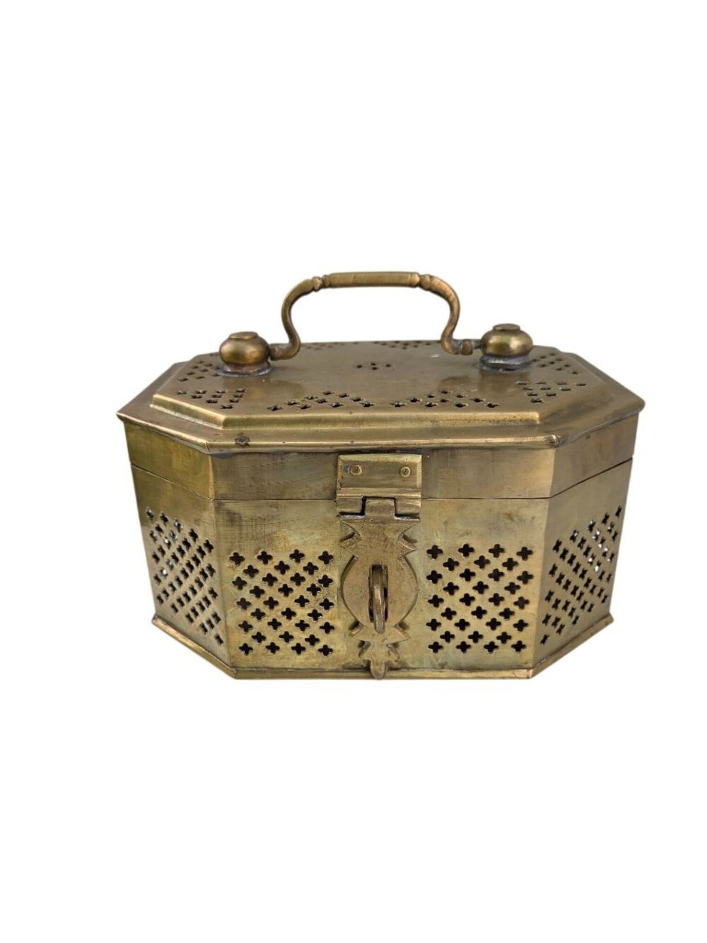 Vintage Brass Octagonal Decorative Box With Intricate Cutout Design & Handle